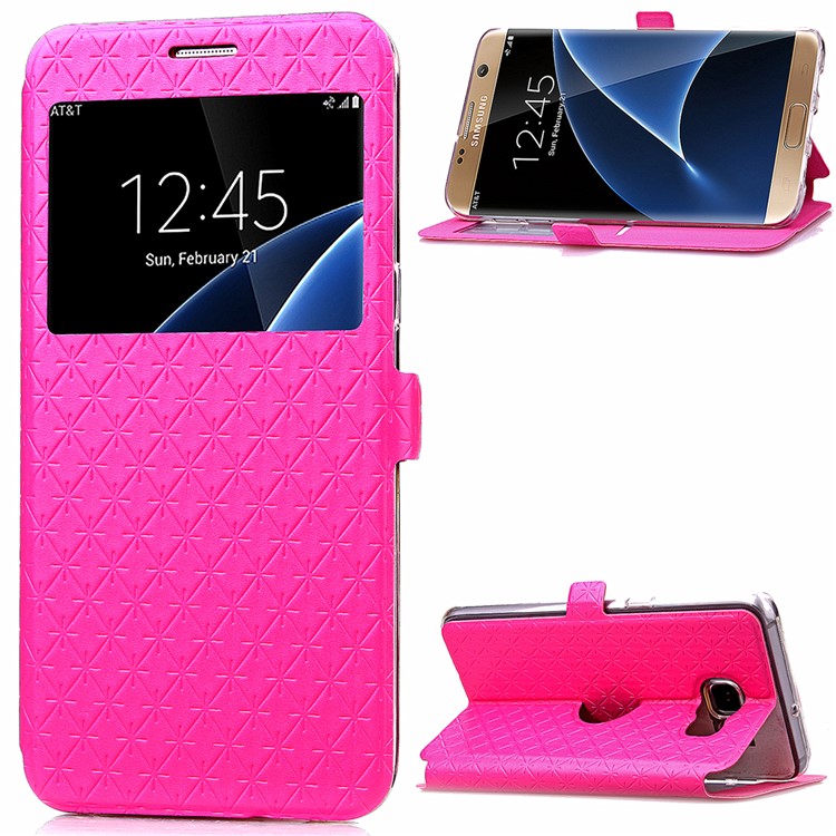 

View Window Rhombus Leather Cover Stand for Samsung Galaxy S7 edge G935 - Rose
