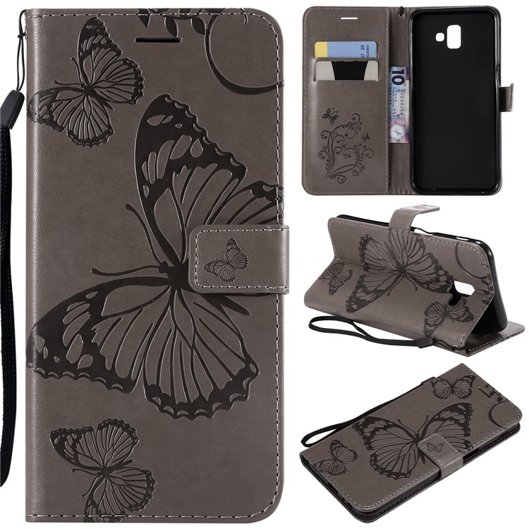 Imprinted Butterfly [Wallet Stand] Leather Case for Samsung Galaxy J6+ J610F / J6 Prime - Grey-1