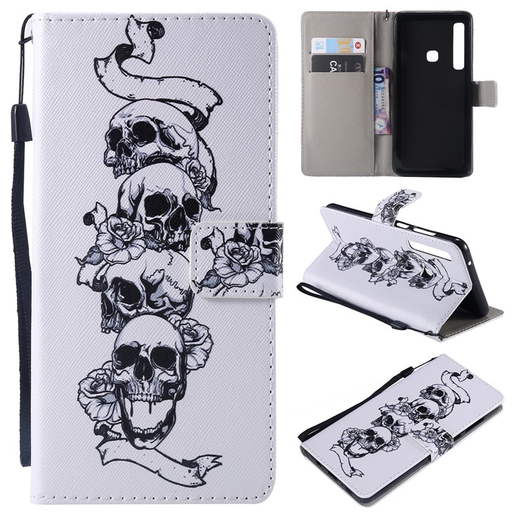 

Patterned Wallet Stand Magnetic Leather Flip Mobile Cover for Samsung Galaxy A9 (2018) / A9 Star Pro / A9s - Skull and Flowers, Galaxy A9 (2018)