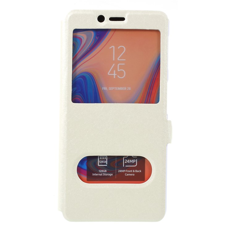 

Шелковая Текстура Двойной Вид Окна Кожаная Оболочка Для Галактики Samsung A7 (2018) A750 - Белый, Galaxy A7 (2018)