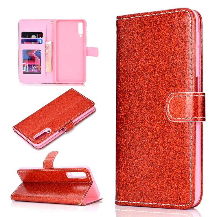 

Glitter Powder Magnetic Stand Wallet PU Leather Shell for Samsung Galaxy A7 (2018) - Red, Galaxy A7 (2018)