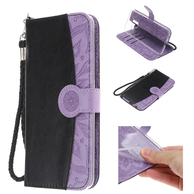 

Contrast Color Imprint Flower Wallet Leather Cover with Strap for Samsung Galaxy A6 (2018) - Black / Purple, Galaxy A6 (2018)