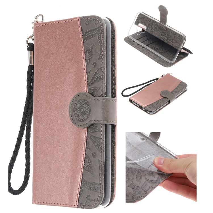 

Contrast Color Imprint Flower Wallet Leather Cell Phone Case with Strap for Samsung Galaxy A6 (2018) - Rose Gold / Grey, Galaxy A6 (2018)