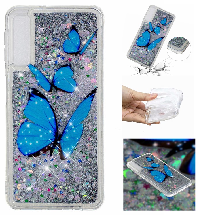 

For Samsung Galaxy A7 (2018) A750 Pattern Printing Moving Glitter Powder Sequins TPU Shell - Blue Butterfly, Galaxy A7 (2018)