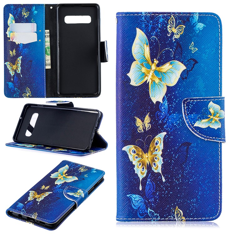 

Pattern Printing PU Leather Magnetic Wallet Stand Protective Cover for Samsung Galaxy S10 Plus - Gold and Blue Butterfly, Galaxy S10 Plus