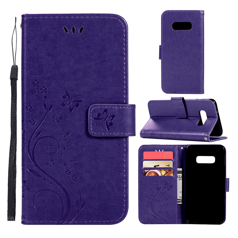 Impreinte Butterfly Flower Cuir Portefeuille Couvercle de Protection Pour Samsung Galaxy S10 Plus - Violet