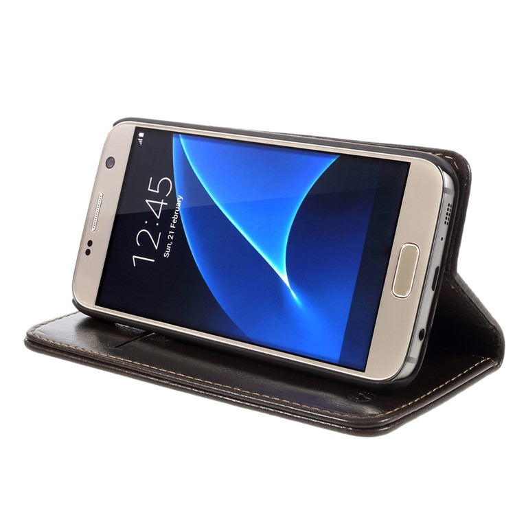 Couro CASEME Oil Wax Fique Flip Case para Samsung Galaxy S7 G930 - Coffee-4
