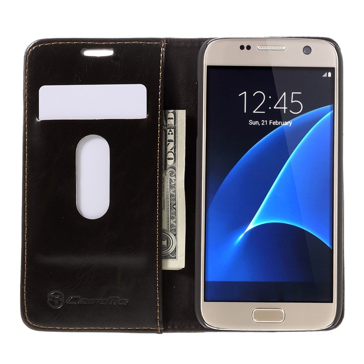 Couro CASEME Oil Wax Fique Flip Case para Samsung Galaxy S7 G930 - Coffee-6
