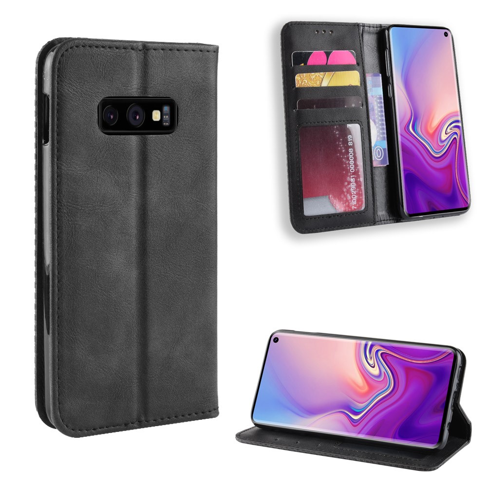 Couvercle de Portefeuille en Cuir de Style Vintage Pour Samsung Galaxy S10e - le Noir