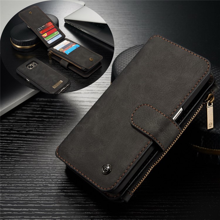 CASEME 2-in-1 Split Leather Multi-slot Wallet Case for Samsung Galaxy S7 G930 - Black-1