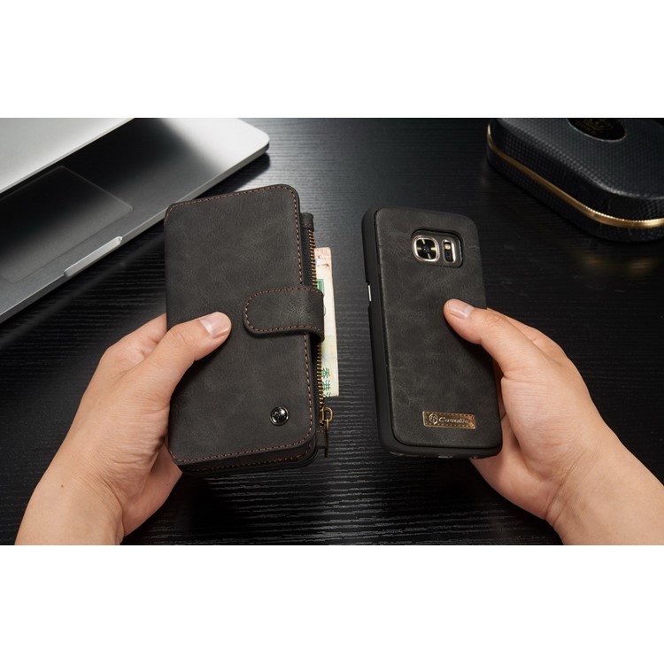 CASEME 2-in-1 Split Leather Multi-slot Wallet Case for Samsung Galaxy S7 G930 - Black-11