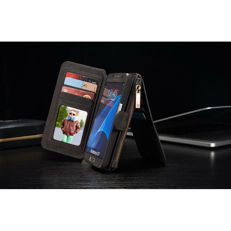 CASEME 2-in-1 Split Leather Multi-slot Wallet Case for Samsung Galaxy S7 G930 - Black-7