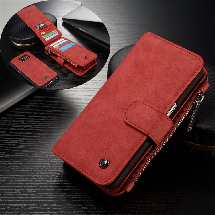 CASEME 2-dentro-1 Split Leather Multi-slot Wallet Shell para Samsung Galaxy S7 G930 - vermelho-1