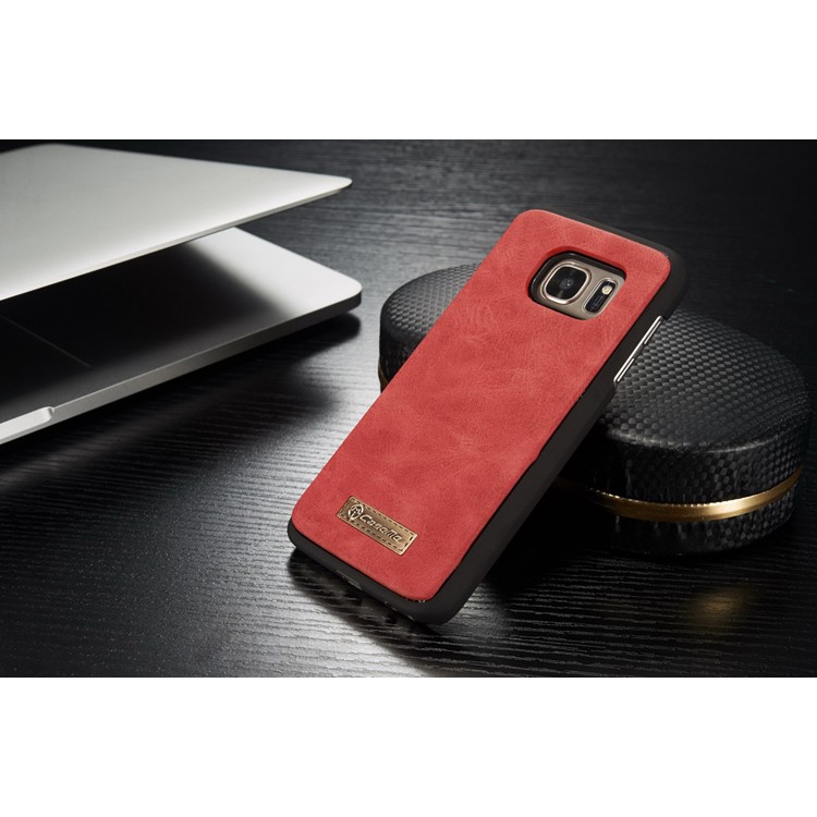 CASEME 2-dentro-1 Split Leather Multi-slot Wallet Shell para Samsung Galaxy S7 G930 - vermelho-10