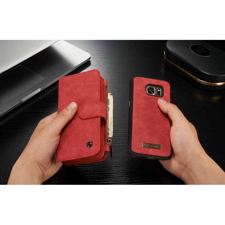 CASEME 2-dentro-1 Split Leather Multi-slot Wallet Shell para Samsung Galaxy S7 G930 - vermelho-11