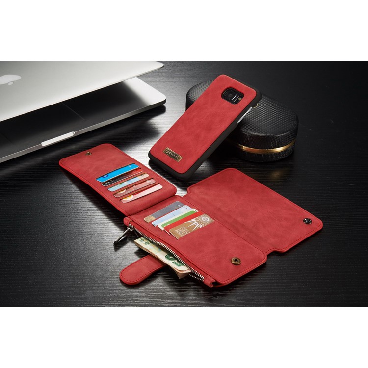 CASEME 2-dentro-1 Split Leather Multi-slot Wallet Shell para Samsung Galaxy S7 G930 - vermelho-12