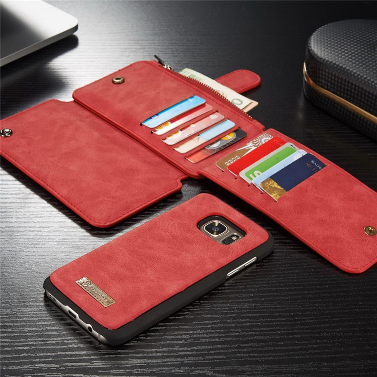 CASEME 2-dentro-1 Split Leather Multi-slot Wallet Shell para Samsung Galaxy S7 G930 - vermelho-13