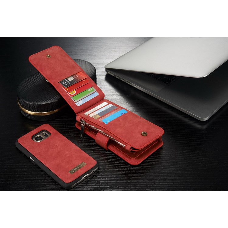 CASEME 2-dentro-1 Split Leather Multi-slot Wallet Shell para Samsung Galaxy S7 G930 - vermelho-5
