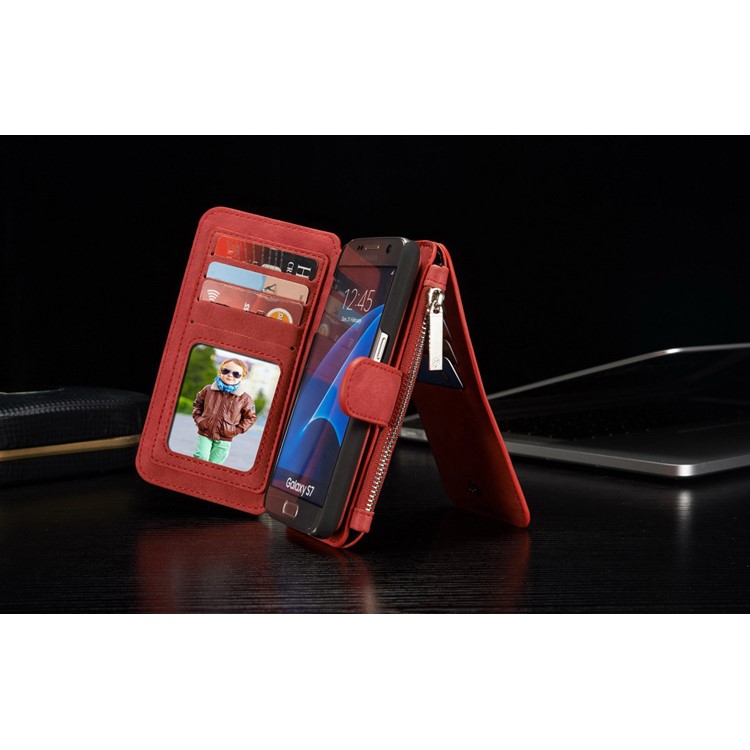 CASEME 2-dentro-1 Split Leather Multi-slot Wallet Shell para Samsung Galaxy S7 G930 - vermelho-7