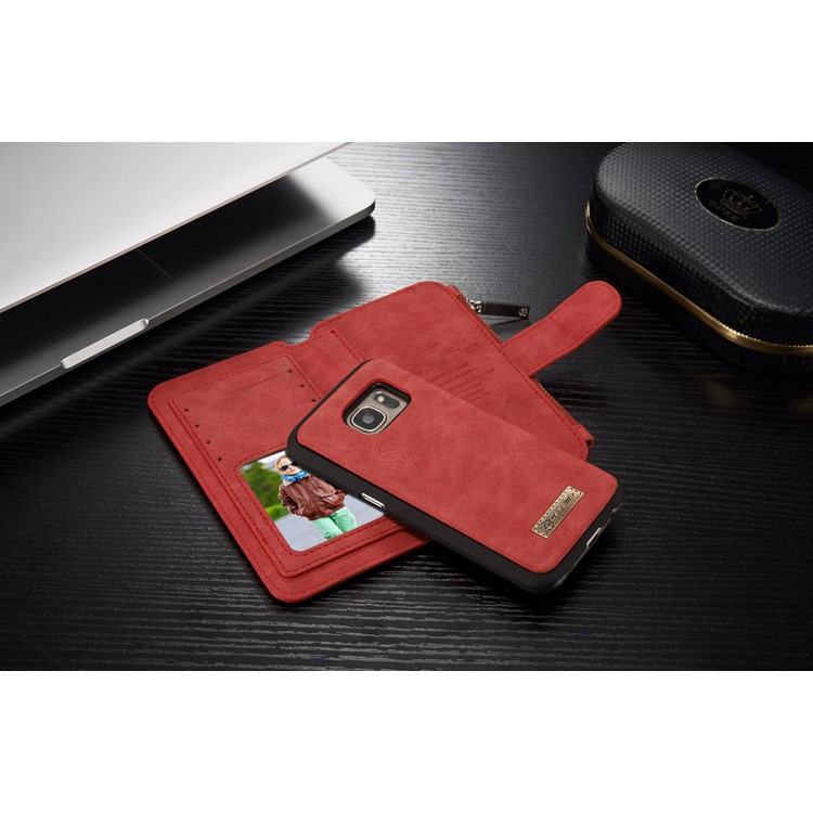 CASEME 2-dentro-1 Split Leather Multi-slot Wallet Shell para Samsung Galaxy S7 G930 - vermelho-8