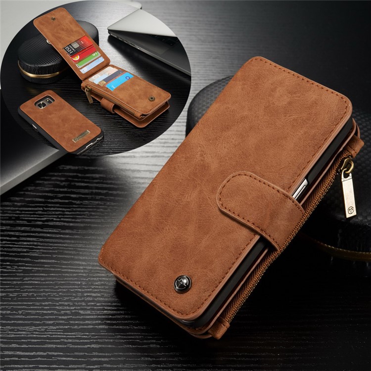 CASEME 2-in-1 Split Leder Multi-Slot Geldbörse für Samsung Galaxy S7 G930 - Braun-1