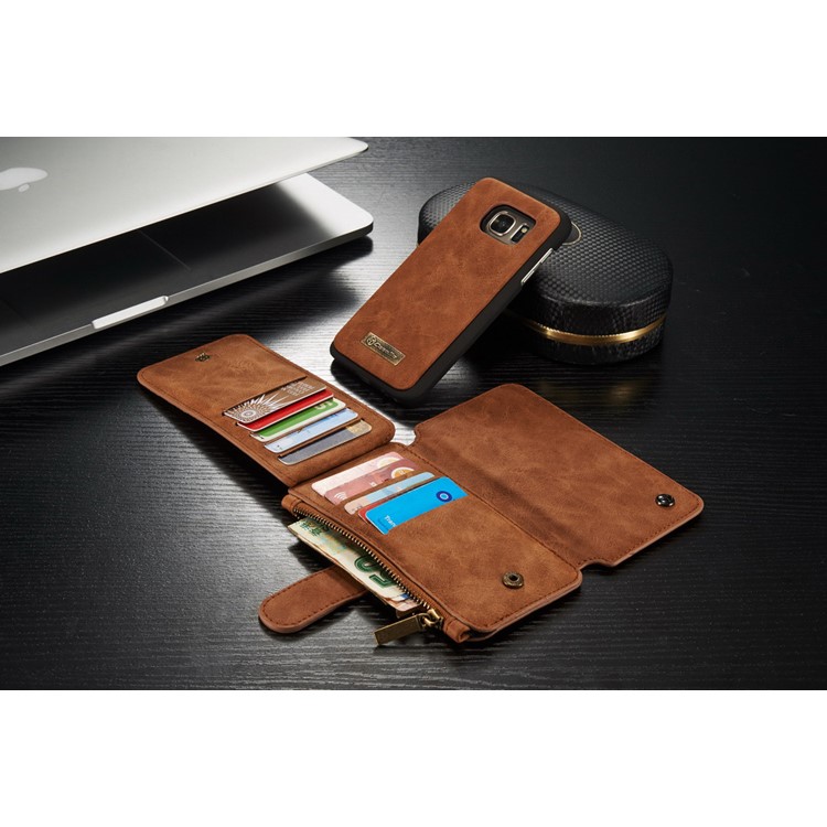 CASEME 2-in-1 Split Leder Multi-Slot Geldbörse für Samsung Galaxy S7 G930 - Braun-12