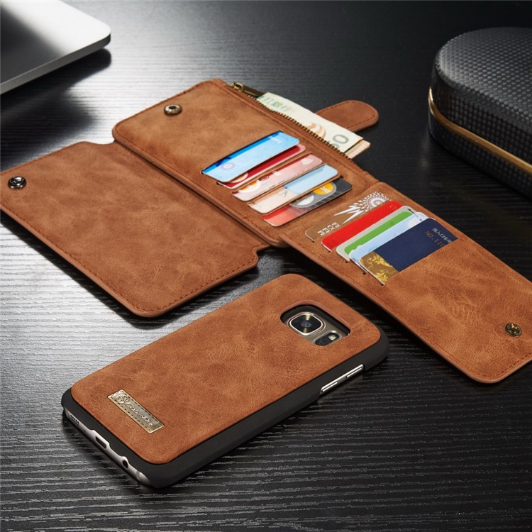 CASEME 2-in-1 Split Leder Multi-Slot Geldbörse für Samsung Galaxy S7 G930 - Braun-13