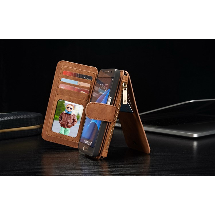 CASEME 2-in-1 Split Leder Multi-Slot Geldbörse für Samsung Galaxy S7 G930 - Braun-7