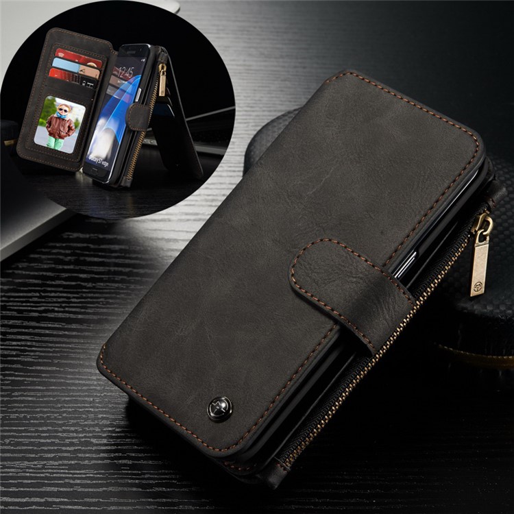 CASEME 14 Slots Destacáveis ??2-em-1 capa de carteira de couro dividida para Samsung Galaxy S7 edge G935 - Preto-1