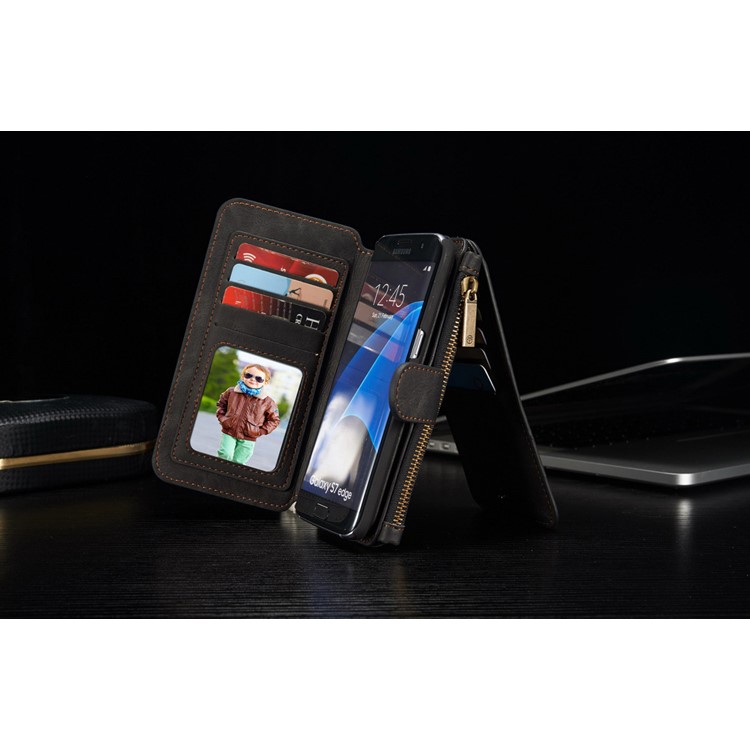 CASEME 14 Slots Destacáveis ??2-em-1 capa de carteira de couro dividida para Samsung Galaxy S7 edge G935 - Preto-18
