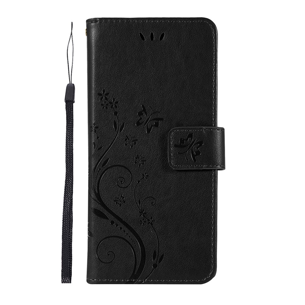 Imprint Butterfly Flower Stand Leather Case with Strap for Samsung Galaxy S10 - Black-2