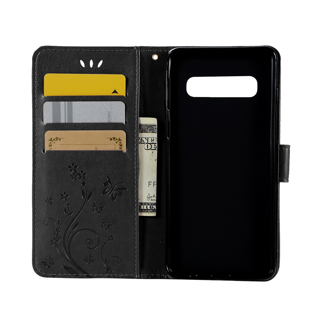 Imprint Butterfly Flower Stand Leather Case with Strap for Samsung Galaxy S10 - Black-4