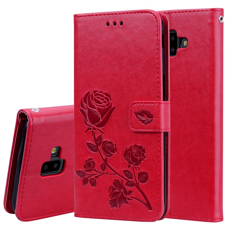 Imprinted Rose Flower Pattern Leather Wallet Case for Samsung Galaxy J6+ - Red-1