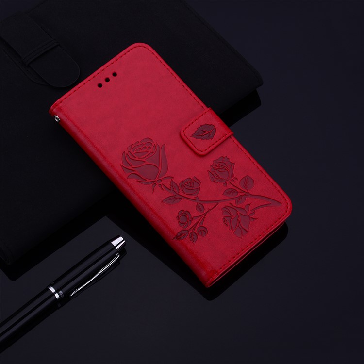 Imprinted Rose Flower Pattern Leather Wallet Case for Samsung Galaxy J6+ - Red-8