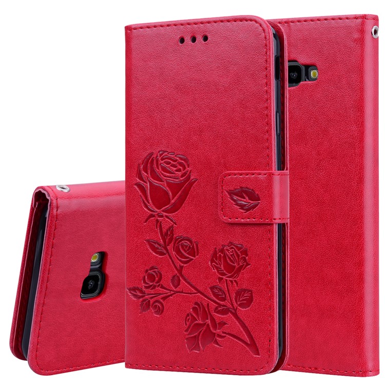 Imprinted Rose Flower Pattern Leather Wallet Case for Samsung Galaxy J4+ - Red-1