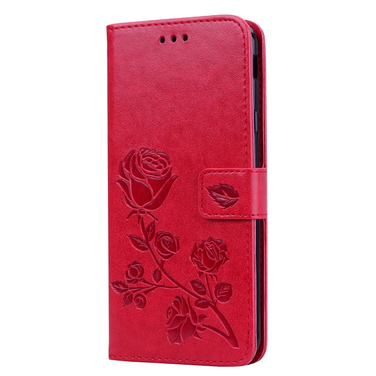 Imprinted Rose Flower Pattern Leather Wallet Case for Samsung Galaxy J4+ - Red-2