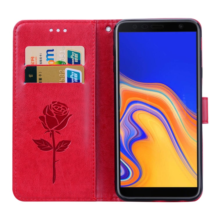 Imprinted Rose Flower Pattern Leather Wallet Case for Samsung Galaxy J4+ - Red-6