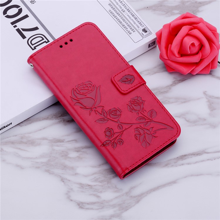 Imprinted Rose Flower Pattern Leather Wallet Case for Samsung Galaxy J4+ - Red-7