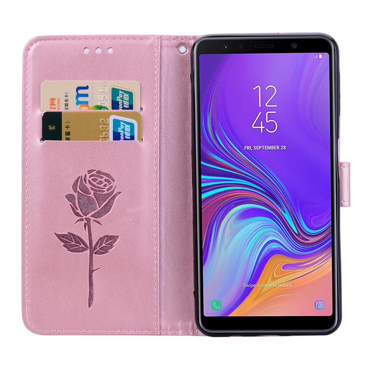 Imprinted Rose Flower Pattern Leather Wallet Cover for Samsung Galaxy A7 (2018) - Pink-6