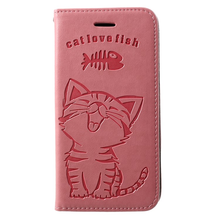

For Samsung Galaxy S10e Phone Cover [Imprint Cat and Fish Bone] Leather Cover - Pink, Galaxy S10e