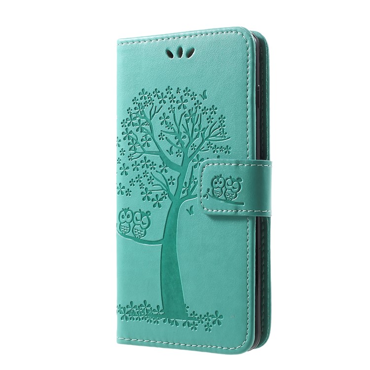 Impressão Árvore Coruja Padrão PU Carteira De Couro Tampa Móvel Para Samsung Galaxy S10 - Ciano-2