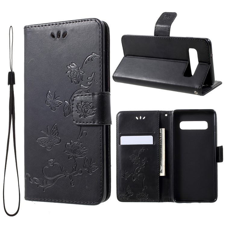 Caso De Couro De Carteira De Flor De Borboleta De Impressão Para Samsung Galaxy S10 - Preto-1