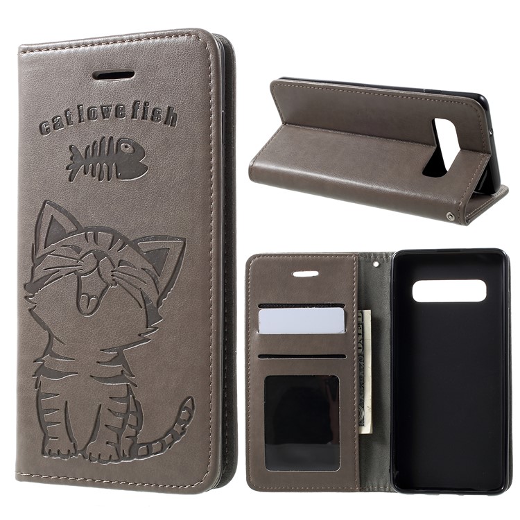 Para Samsung Galaxy S10 Além De Impressão Gato E Peixe Osso Carteira Suporte Capa De Couro - Cinzento-1