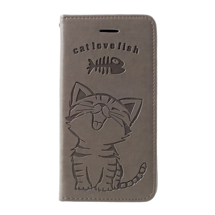 Para Samsung Galaxy S10 Além De Impressão Gato E Peixe Osso Carteira Suporte Capa De Couro - Cinzento-2