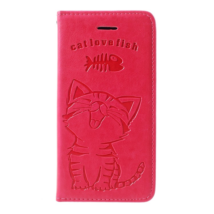 For Samsung Galaxy S10 Plus Imprint Cat and Fish Bone Wallet Stand Leather Case - Rose-1