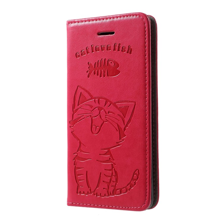For Samsung Galaxy S10 Plus Imprint Cat and Fish Bone Wallet Stand Leather Case - Rose-2