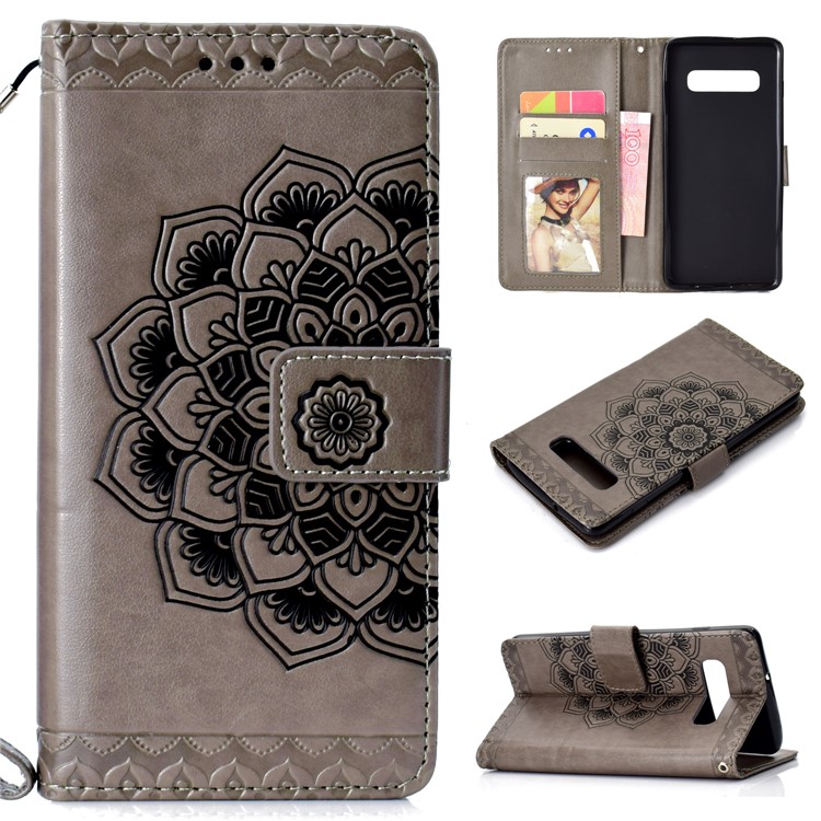 

For Samsung Galaxy S10 Plus Leather Flip Case Imprinted Mandala Pattern Wallet Case - Grey, Galaxy S10 Plus