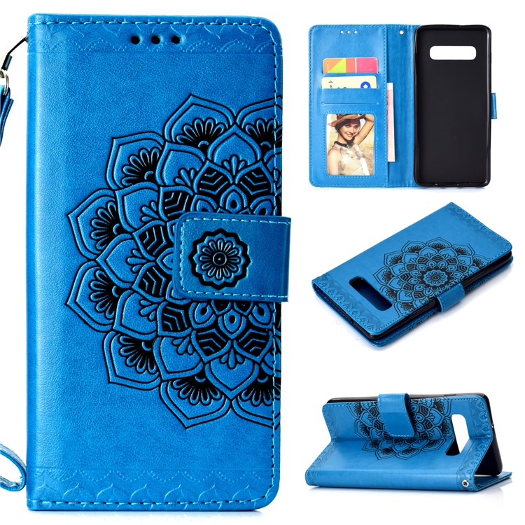 

For Samsung Galaxy S10 Plus Leather Cell Phone Shell Imprinted Mandala Pattern Wallet Case - Blue, Galaxy S10 Plus