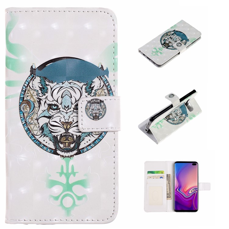 

For Samsung Galaxy S10 Plus Embossed Pattern Leather Wallet Shell [Light Spot Decor] - Fierce Animal, Galaxy S10 Plus