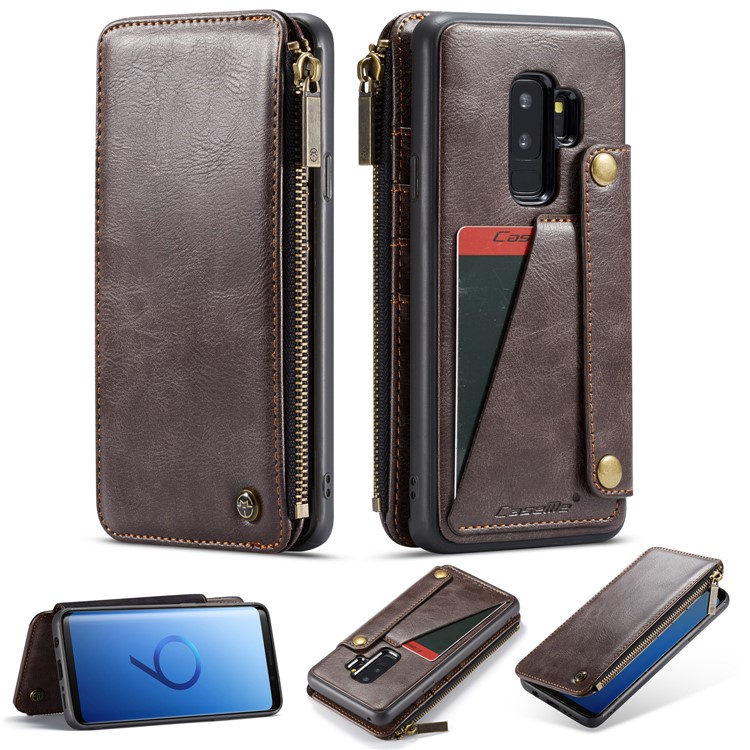 CASEME 011 Series Detachable 2-in-1 Business Zipper Leather Wallet Phone Case for Samsung Galaxy S9+ SM-G965 - Coffee-1